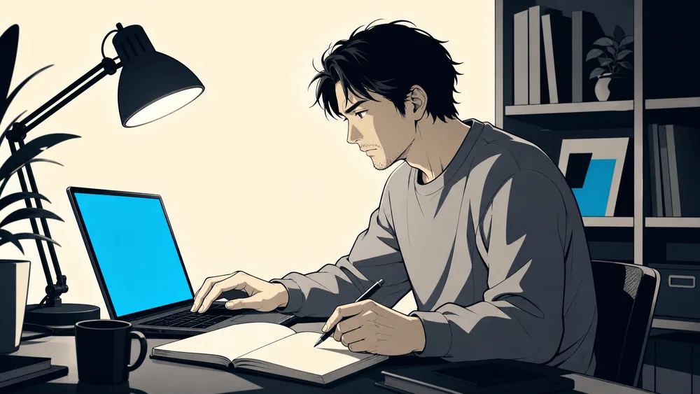 自宅の机でノートパソコンに向かって学習を進める30代の人