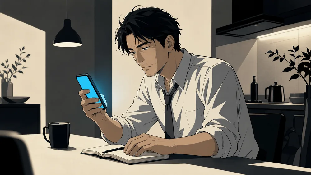 仕事のあと短い時間でスマートフォンとノートを開いて学ぶ30代の人