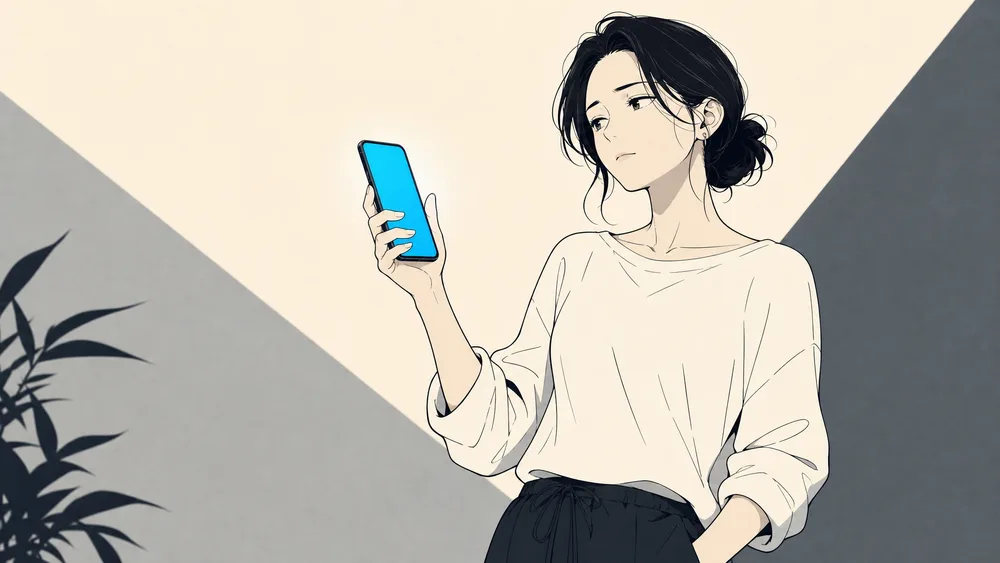 スマートフォンをスクロールする手を止めて考えこむ人