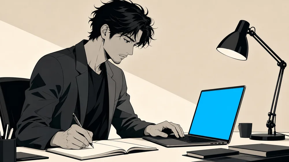机でノートパソコンを開きノートにペンで書き込む30代の男性
