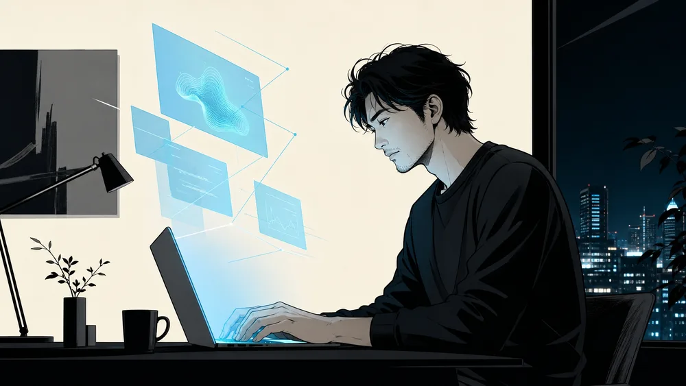 ノートパソコンに向かって作業を進める人