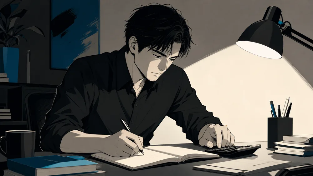 電卓を押しながらノートに月の目標額を書き込む30代の男性