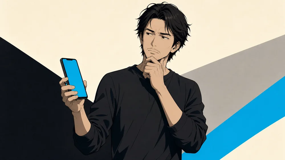 スマートフォンを持つ手を止めて考え直している30代の人