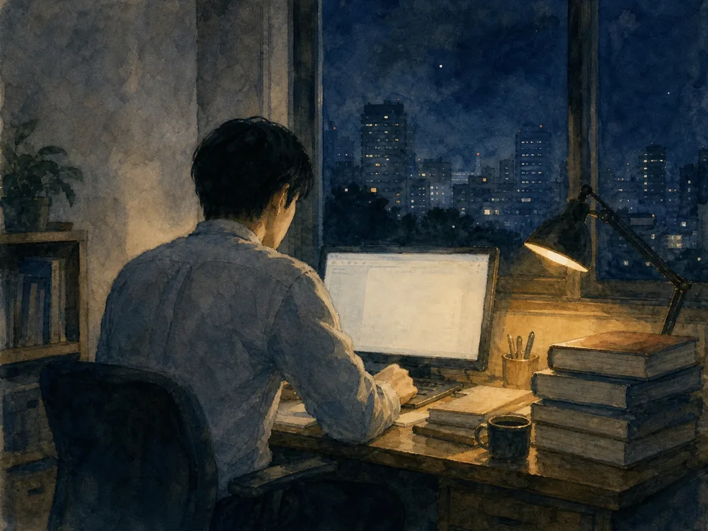 夜のオフィスでひとり専門書とパソコンに向かう